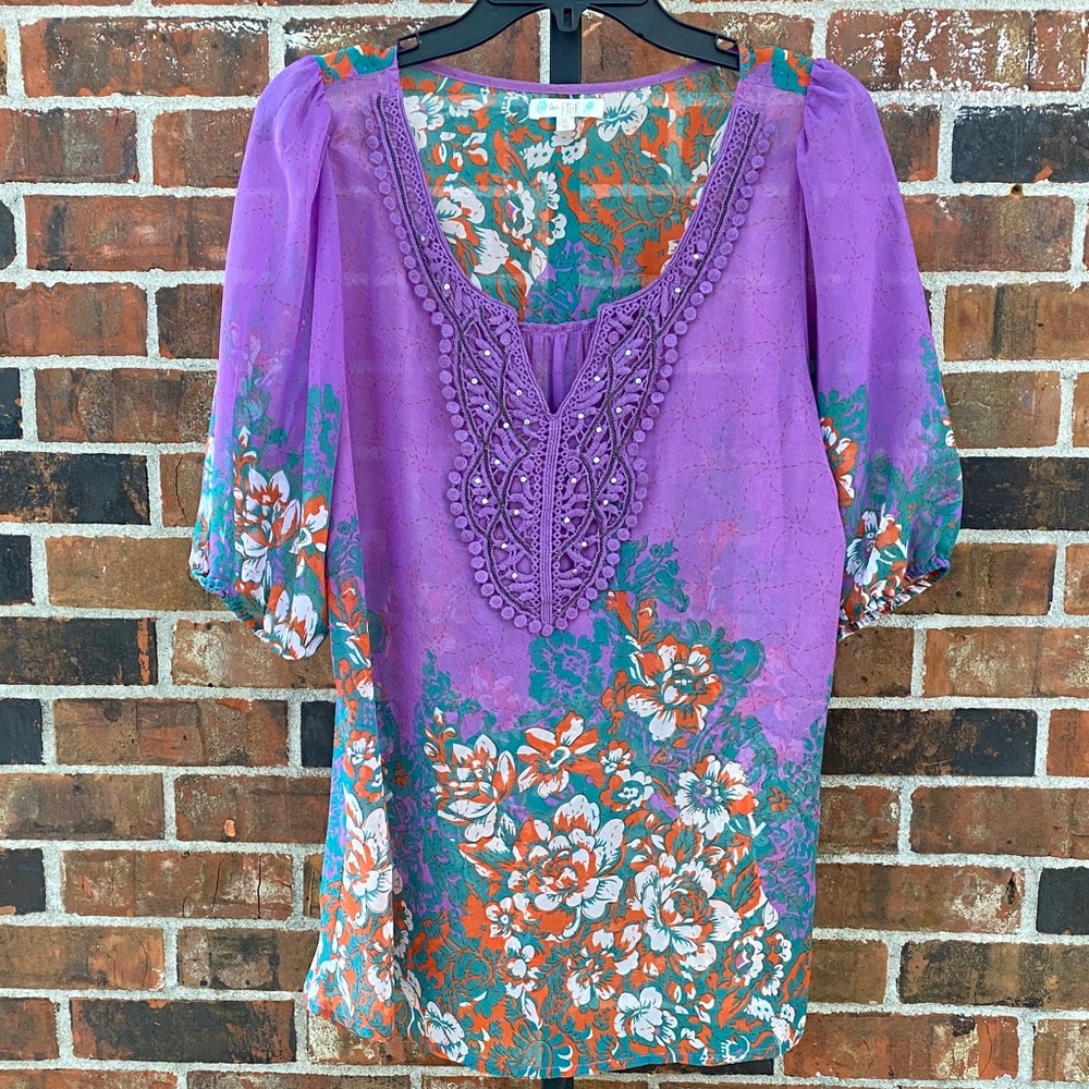 Love Fire Tunic Peasant Top purple green